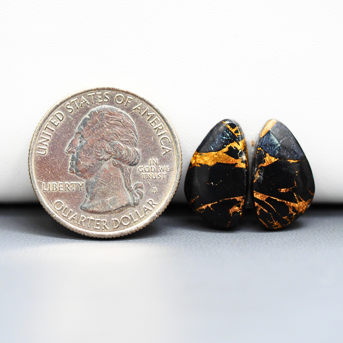 Kingman Black Buffalo Copper Composite Freeform Cabochon Pair 17x10x3mm 11ct - black stone with bright copper veins - Pedra Gems