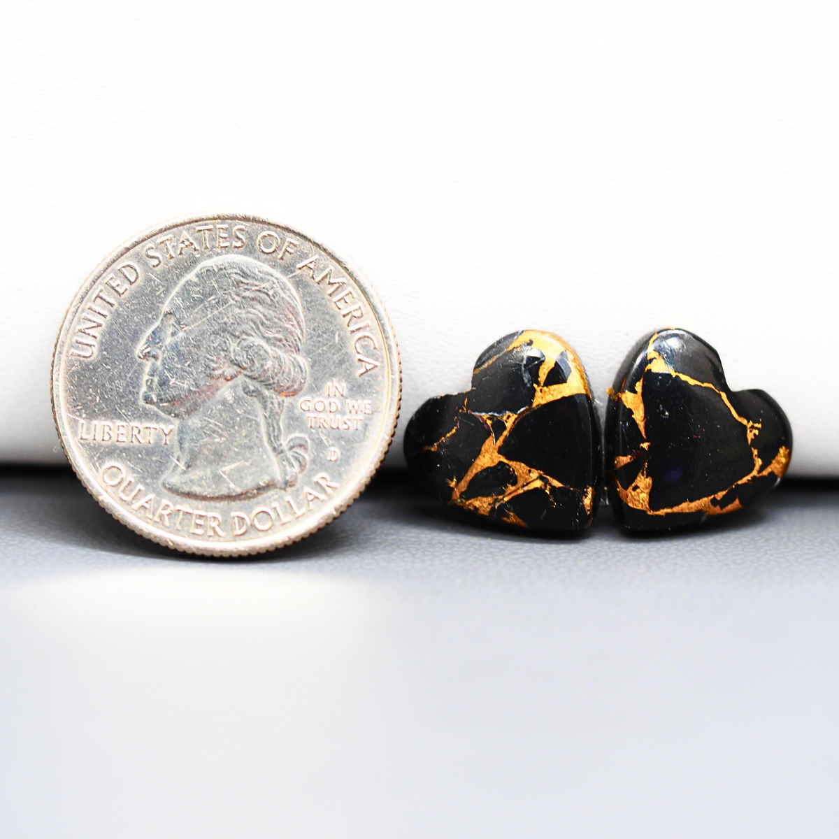 Kingman Black Buffalo Copper Composite Heart Cabochon Pair 14x14x4mm 12.5ct - black stone with bright copper veins - Pedra Gems