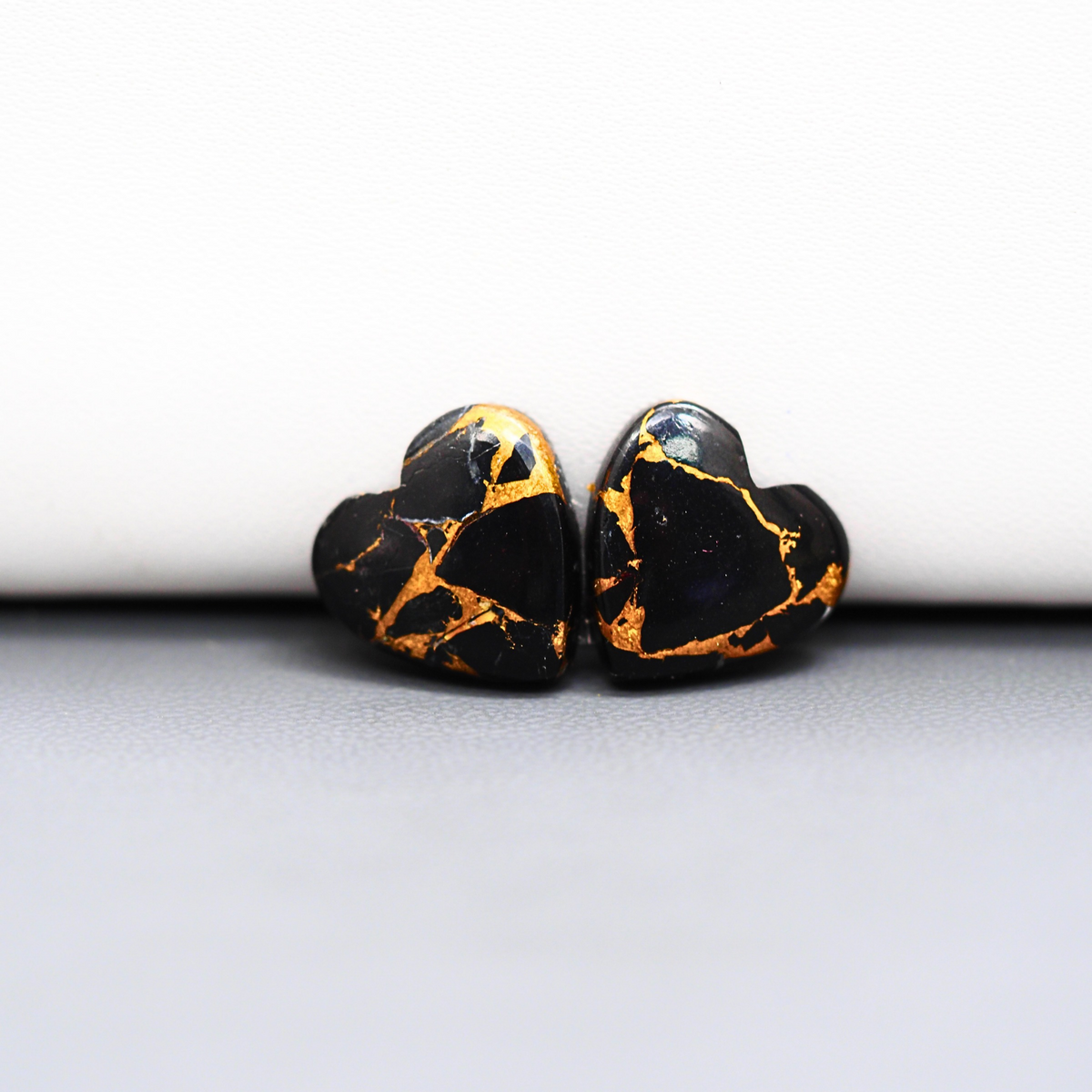 Kingman Black Buffalo Copper Composite Heart Cabochon Pair 14x14x4mm 12.5ct - black stone with bright copper veins - Pedra Gems