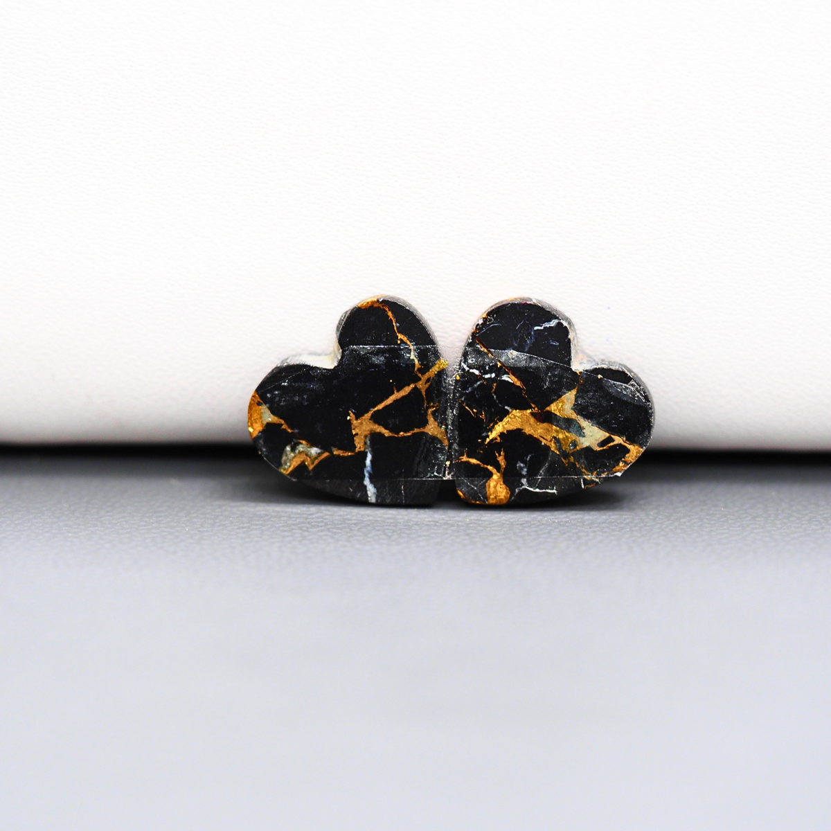 Kingman Black Buffalo Copper Composite Heart Cabochon Pair 14x14x4mm 12.5ct - black stone with bright copper veins - Pedra Gems