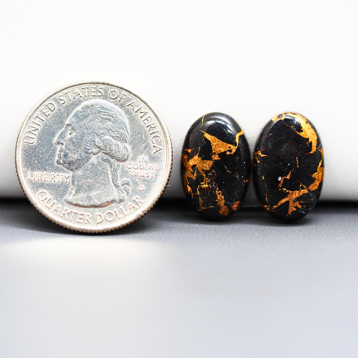 Kingman Black Buffalo Copper Composite Oval Cabochon Pair 16x11x4mm 13ct - black stone with bright copper veins - Pedra Gems