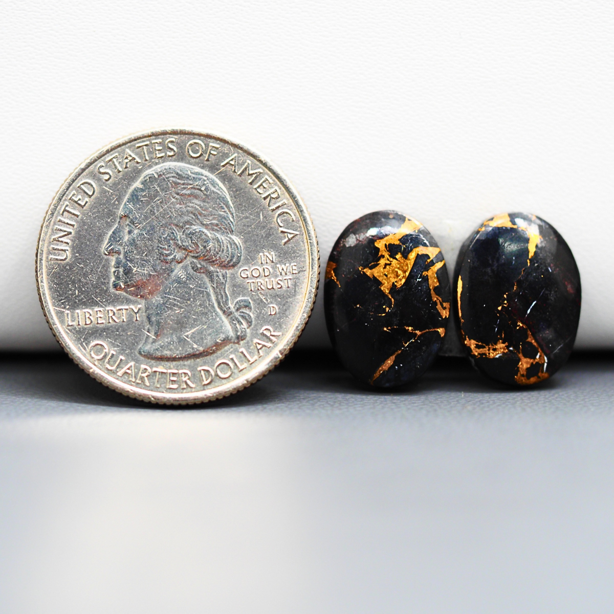 Kingman Black Buffalo Copper Composite Oval Cabochon Pair 15x11x3mm 10.5ct - black stone with bright copper veins - Pedra Gems