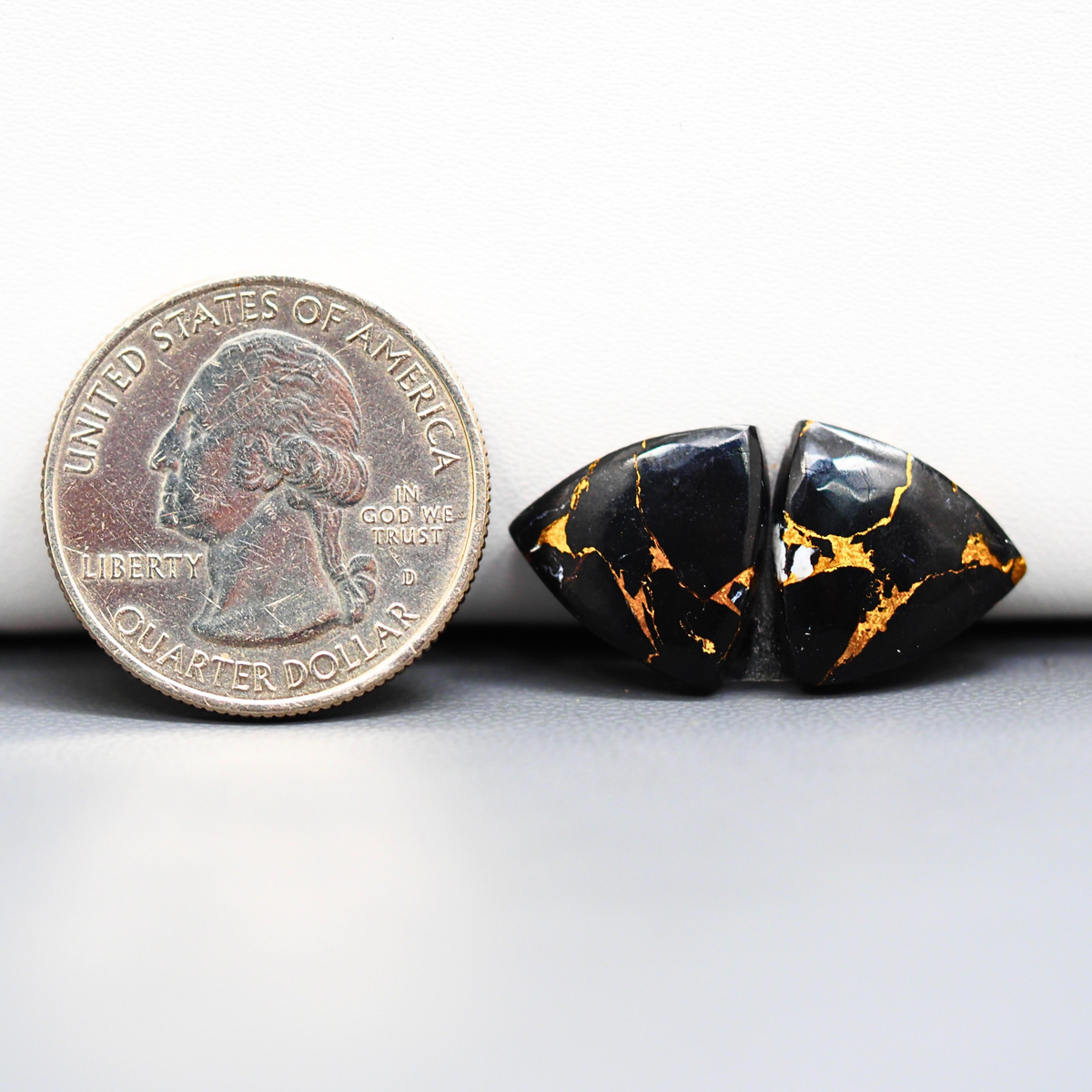 Kingman Black Buffalo Copper Composite Trillion Cabochon Pair 24x14x4mm 11.5ct - black stone with bright copper veins - Pedra Gems
