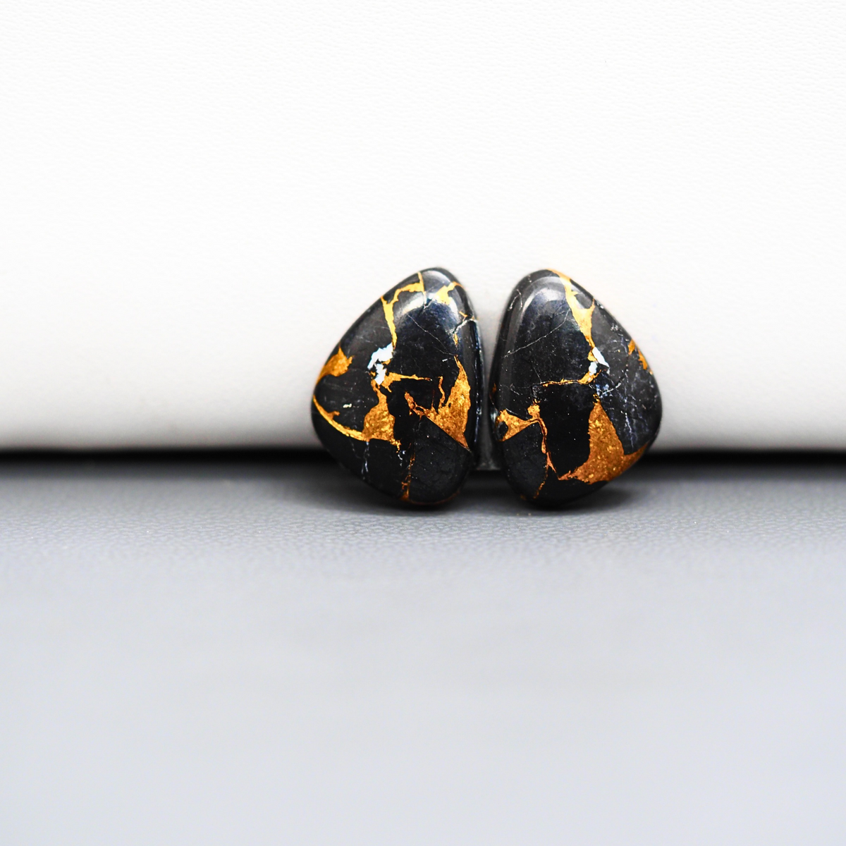 Kingman Black Buffalo Copper Composite Freeform Cabochon Pair 16x12x3mm 11.5ct - black stone with bright copper veins - Pedra Gems