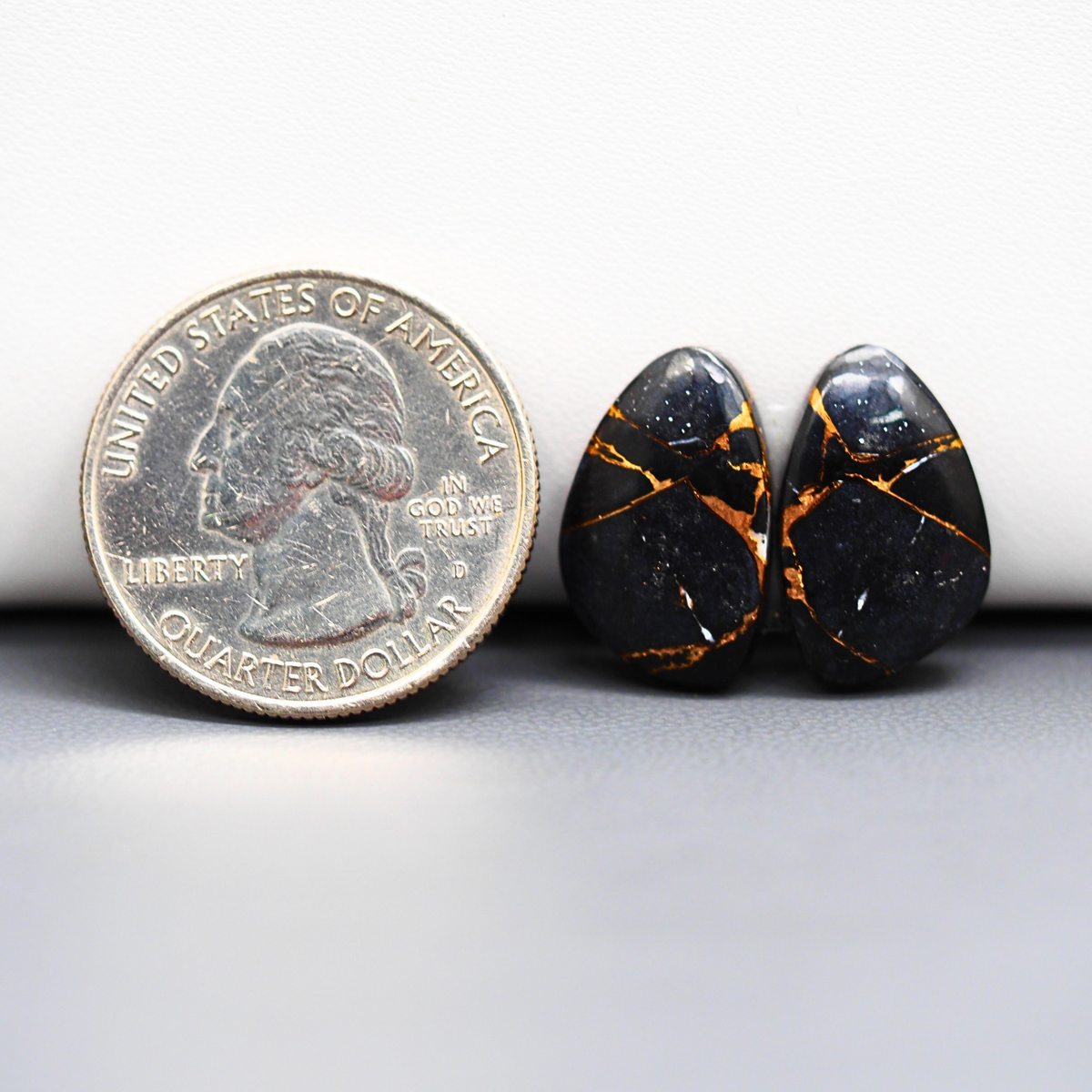 Kingman Black Buffalo Copper Composite Freeform Cabochon Pair 18x11x4mm 14ct - black stone with bright copper veins - Pedra Gems