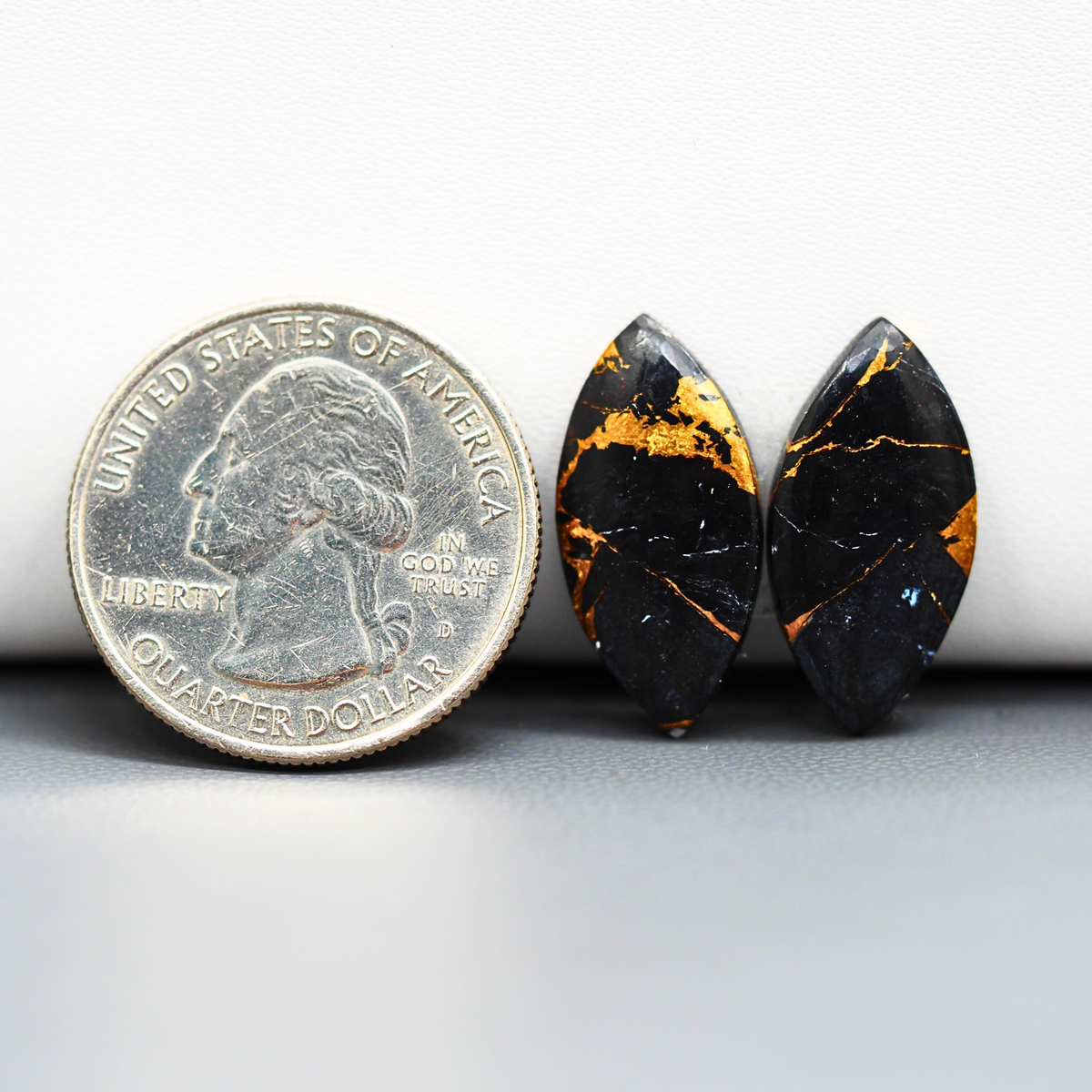 Kingman Black Buffalo Copper Composite Marquise Cabochon Pair 22x11x3mm 10.5ct - black stone with bright copper veins - Pedra Gems