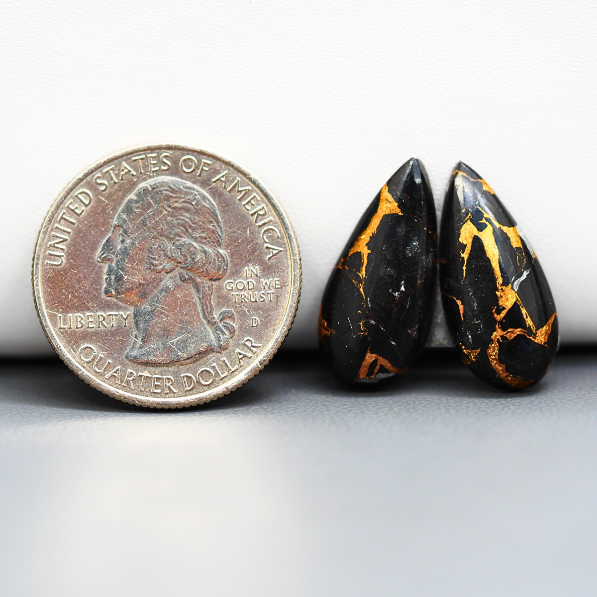 Kingman Black Buffalo Copper Composite Pear Cabochon Pair 21x8x4mm 12.5ct - black stone with bright copper veins - Pedra Gems