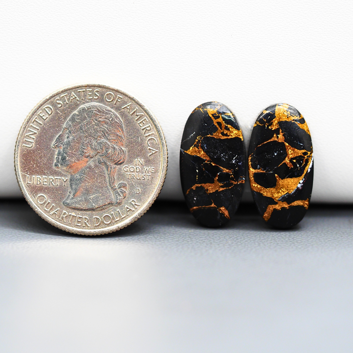 Kingman Black Buffalo Copper Composite Oval Cabochon Pair 19x10x3mm 13.5ct - black stone with bright copper veins - Pedra Gems