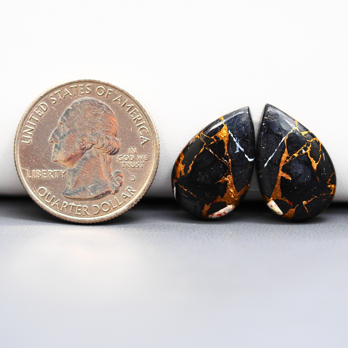 Kingman Black Buffalo Copper Composite Pear Cabochon Pair 20x13x3mm 16ct - black stone with bright copper veins - Pedra Gems