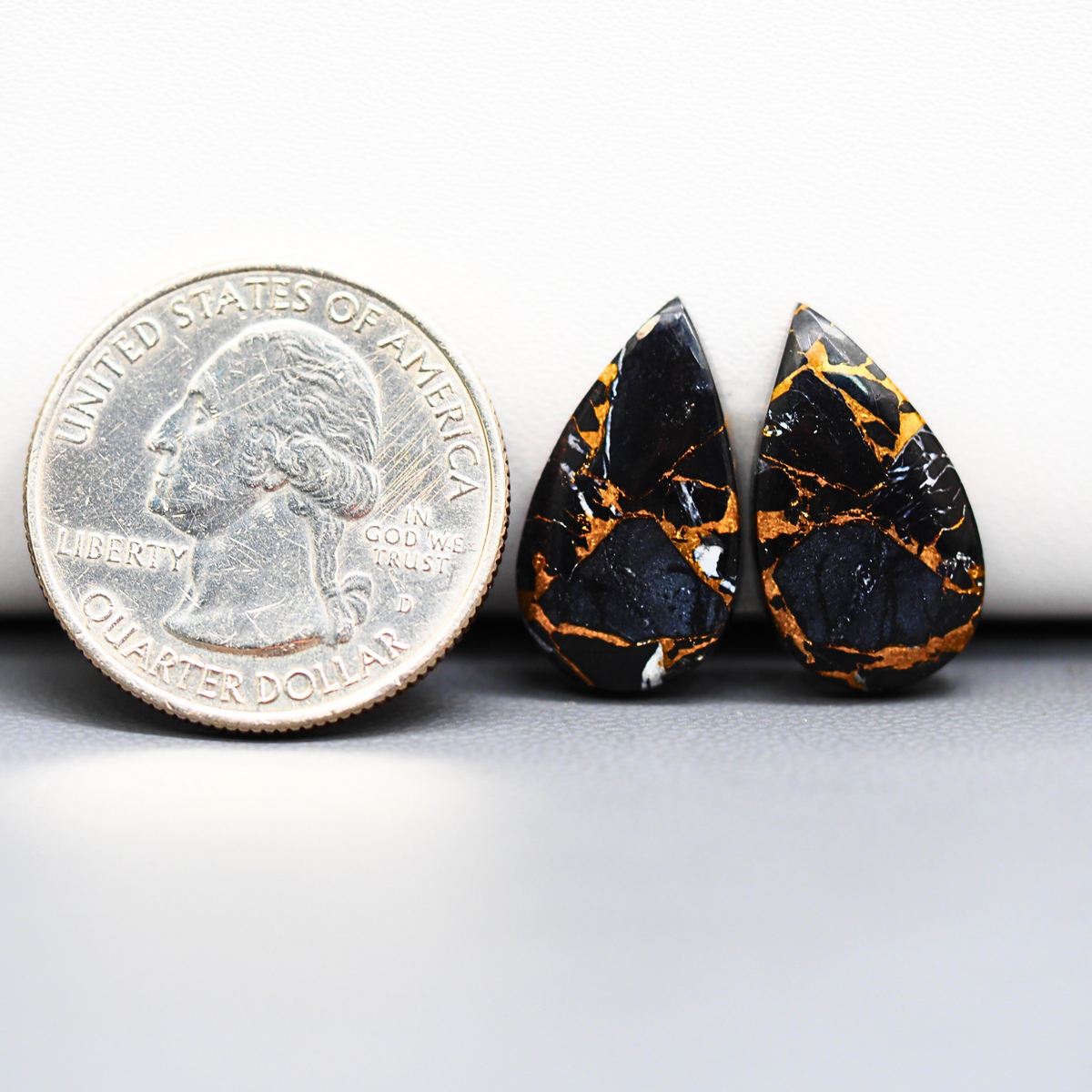Kingman Black Buffalo Copper Composite Pear Cabochon Pair 16x11x3mm 13.5ct - black stone with bright copper veins - Pedra Gems