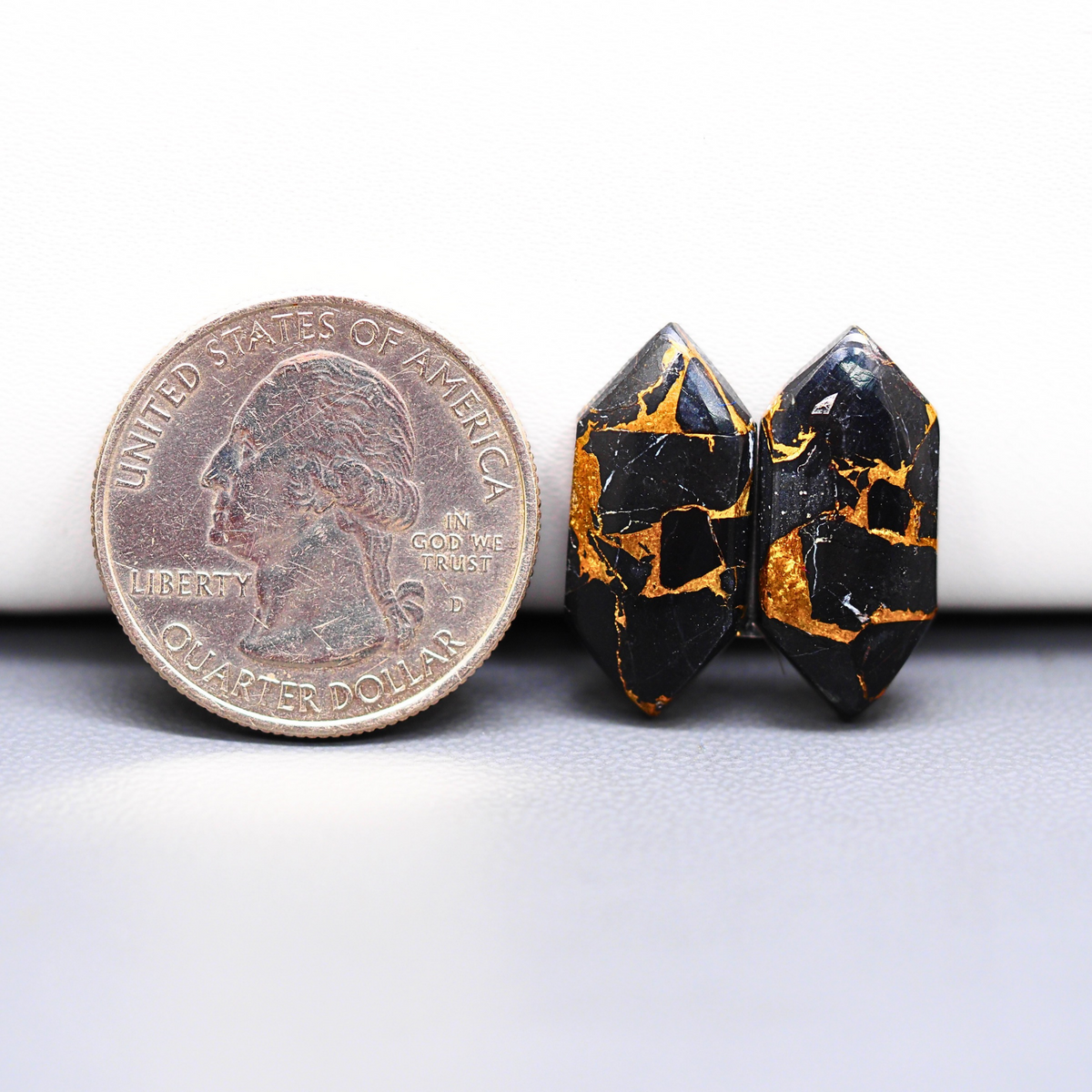 Kingman Black Buffalo Copper Composite Hexagon Cabochon Pair 21x10x3mm 13.5ct - black stone with bright copper veins - Pedra Gems