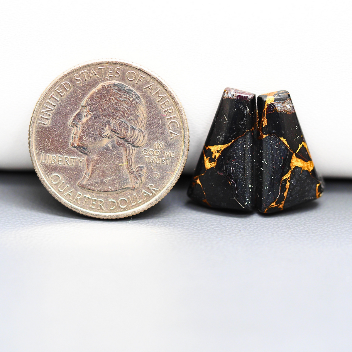Kingman Black Buffalo Copper Composite Trapezoid Cabochon Pair 18x10x3mm 11ct - black stone with bright copper veins - Pedra Gems