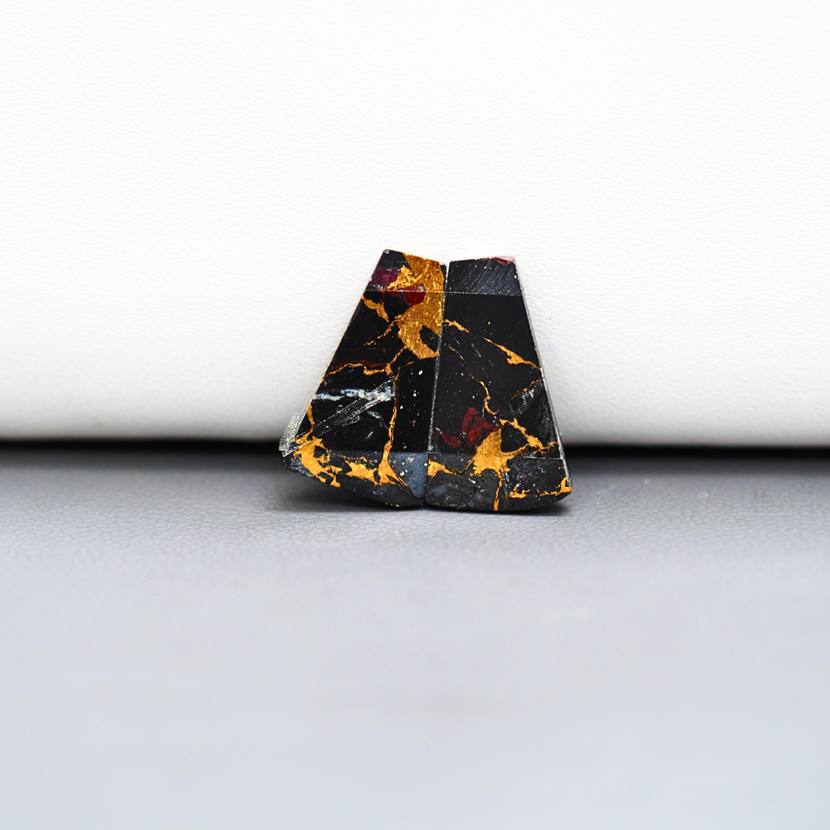 Kingman Black Buffalo Copper Composite Trapezoid Cabochon Pair 18x10x3mm 11ct - black stone with bright copper veins - Pedra Gems
