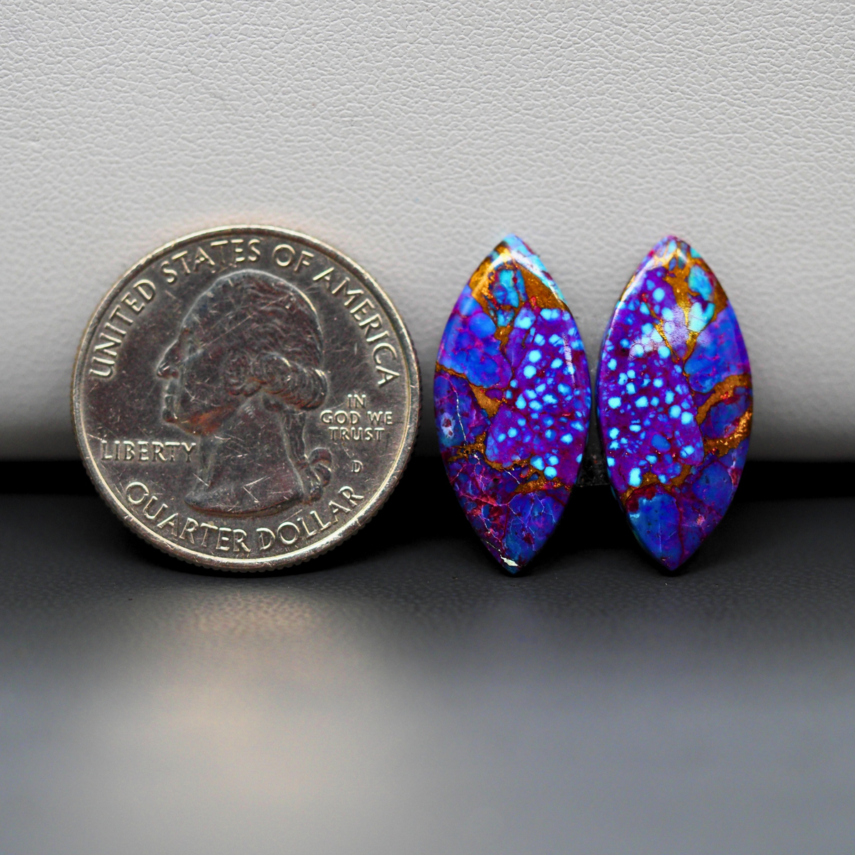 Stabilized Purple Mohave (Mojave) Turquoise marquise cabochon pair 23x10x3mm 20ct - purple with blue Kingman turquoise nuggets - photo 1 - Pedra Gems.