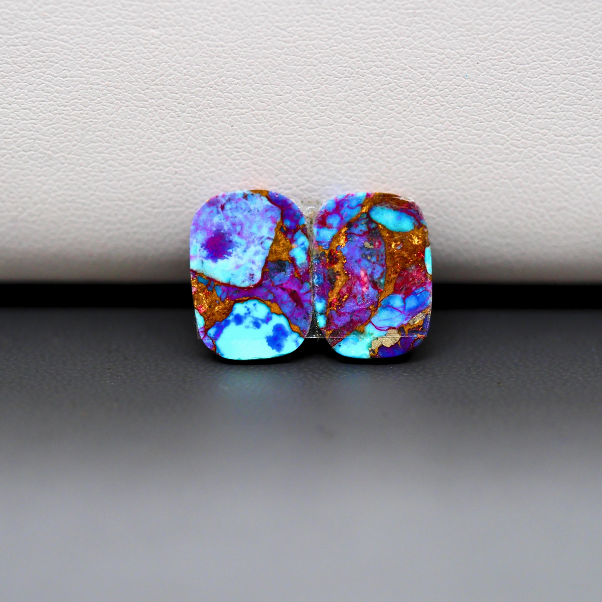 Stabilized Purple Mohave (Mojave) Turquoise cushion cabochon pair 14x10x3mm 10.5ct - purple with blue Kingman turquoise nuggets - photo 3 - Pedra Gems.