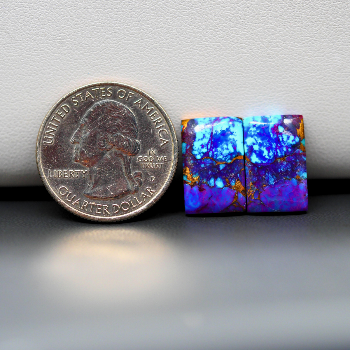 Stabilized Purple Mohave (Mojave) Turquoise rectangle cabochon pair 16x10x4mm 15ct - purple with blue Kingman turquoise nuggets - photo 1 - Pedra Gems.