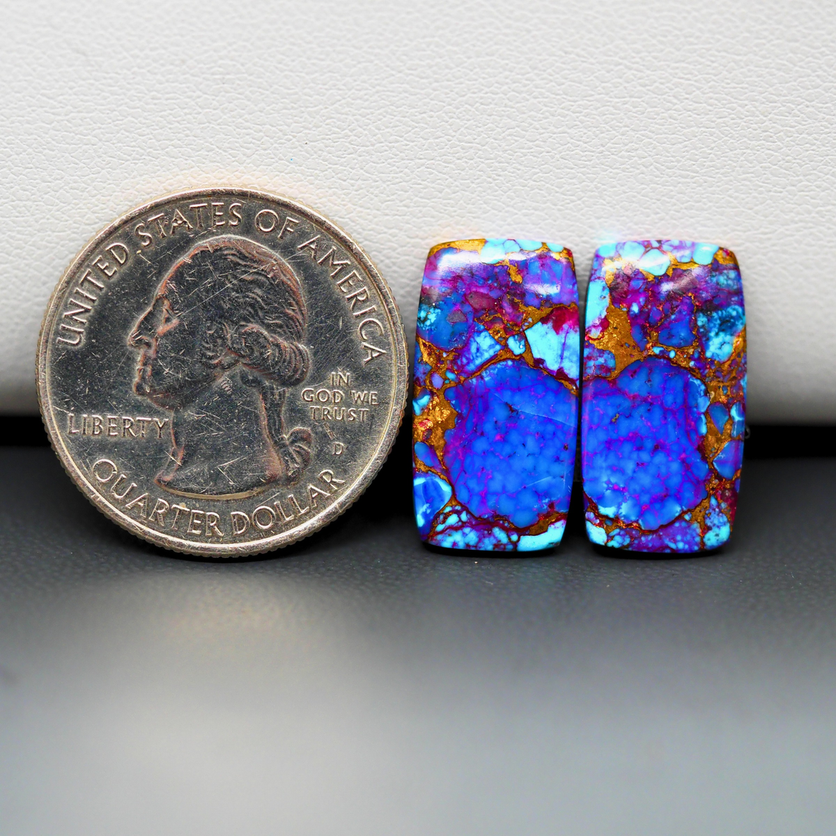 Stabilized Purple Mohave (Mojave) Turquoise rectangle cabochon pair 20x11x3mm 13ct - purple with blue Kingman turquoise nuggets - photo 1 - Pedra Gems.