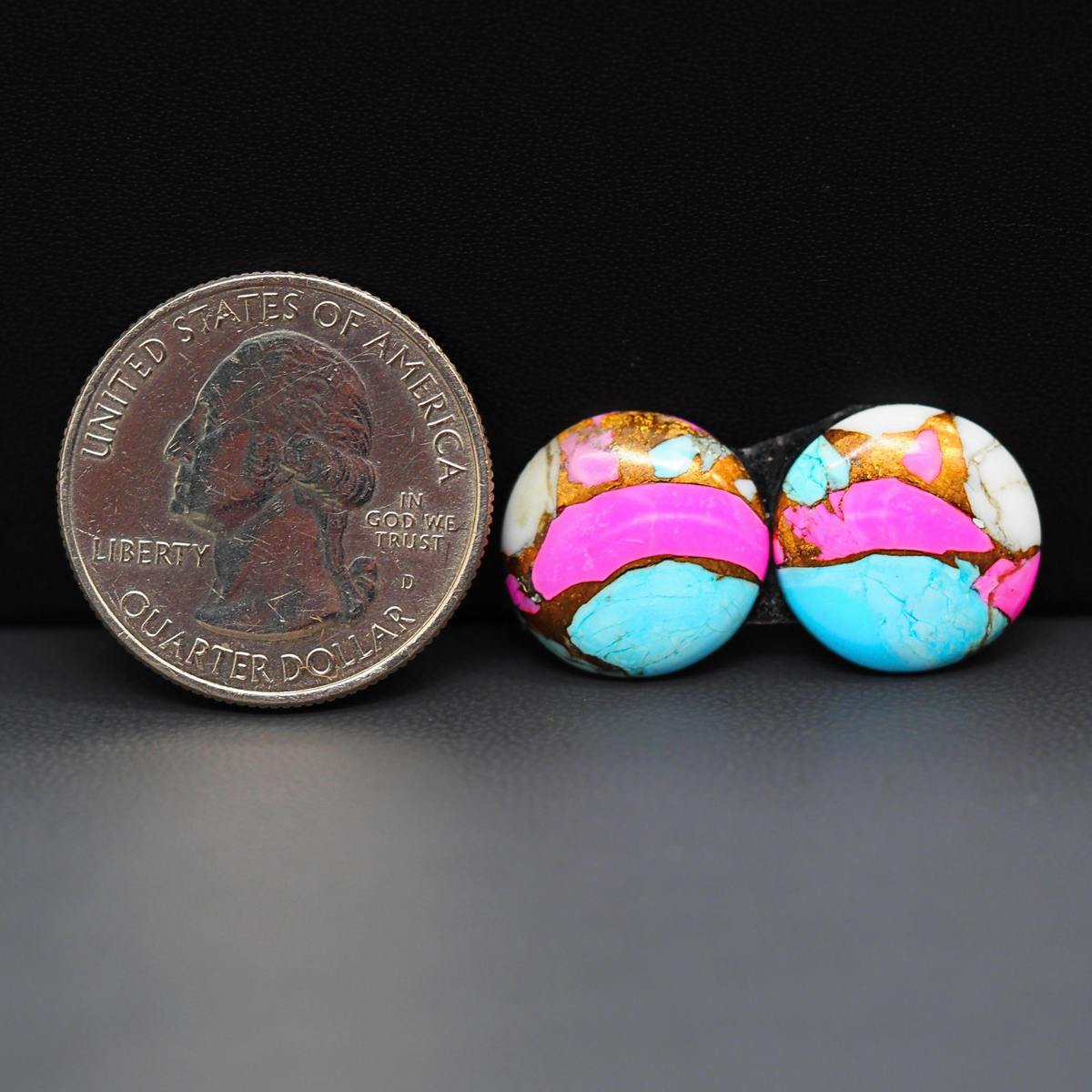 Cotton Candy Round Cabochon Pair 15x15x3mm 12.5ct - turquoise blue, pink and white - Pedra Gems