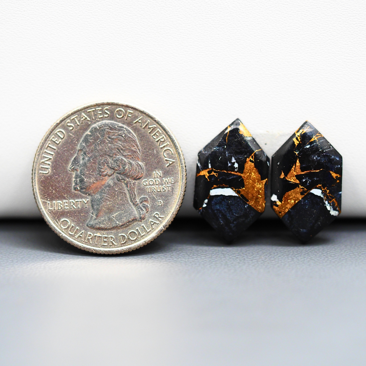 Kingman Black Buffalo Copper Composite Hexagon Cabochon Pair 19x11x3mm 11.5ct - black stone with bright copper veins - Pedra Gems