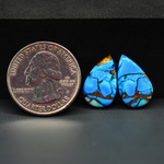 Kingman Ice Blue Dahlia Pear Cabochon Pair 17x11x3mm 10.5ct - icy blue and white stone with copper veining - Pedra Gems