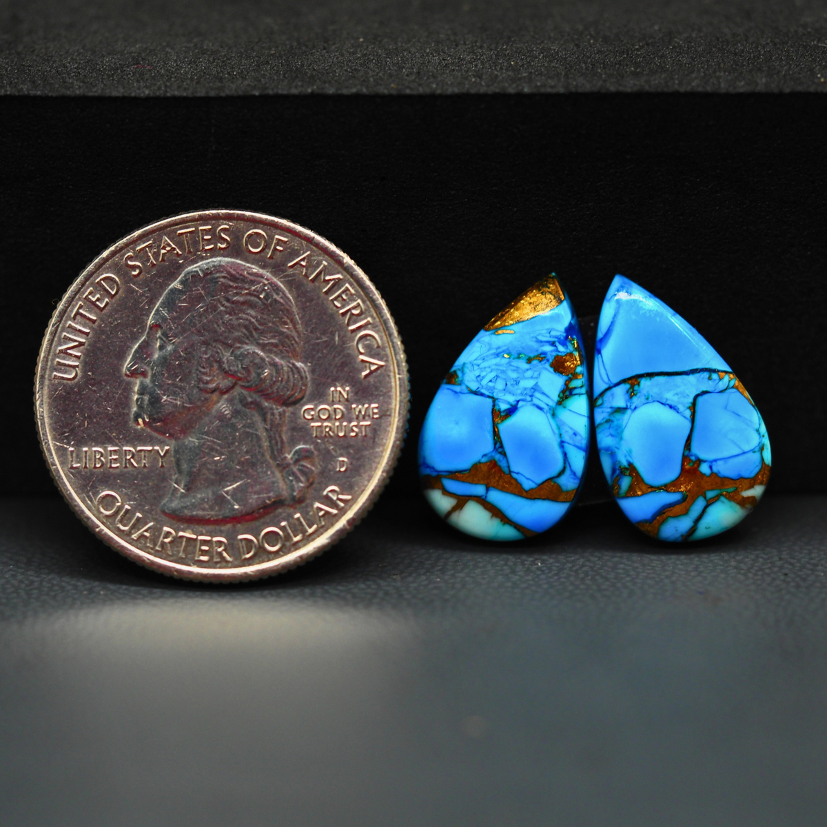 Kingman Ice Blue Dahlia Pear Cabochon Pair 17x11x3mm 10.5ct - icy blue and white stone with copper veining - Pedra Gems