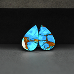 Kingman Ice Blue Dahlia Pear Cabochon Pair 17x11x3mm 10.5ct - icy blue and white stone with copper veining - Pedra Gems
