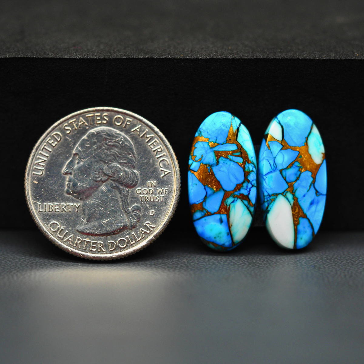 Kingman Ice Blue Dahlia Oval Cabochon Pair 21x11x3mm 15.5ct - icy blue and white stone with copper veining - Pedra Gems