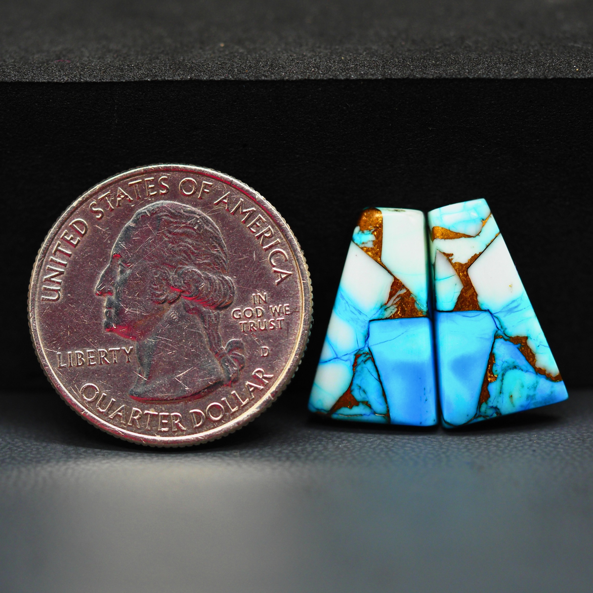 Kingman Ice Blue Dahlia Trapezoid Cabochon Pair 18x11x4mm 13ct - icy blue and white stone with copper veining - Pedra Gems
