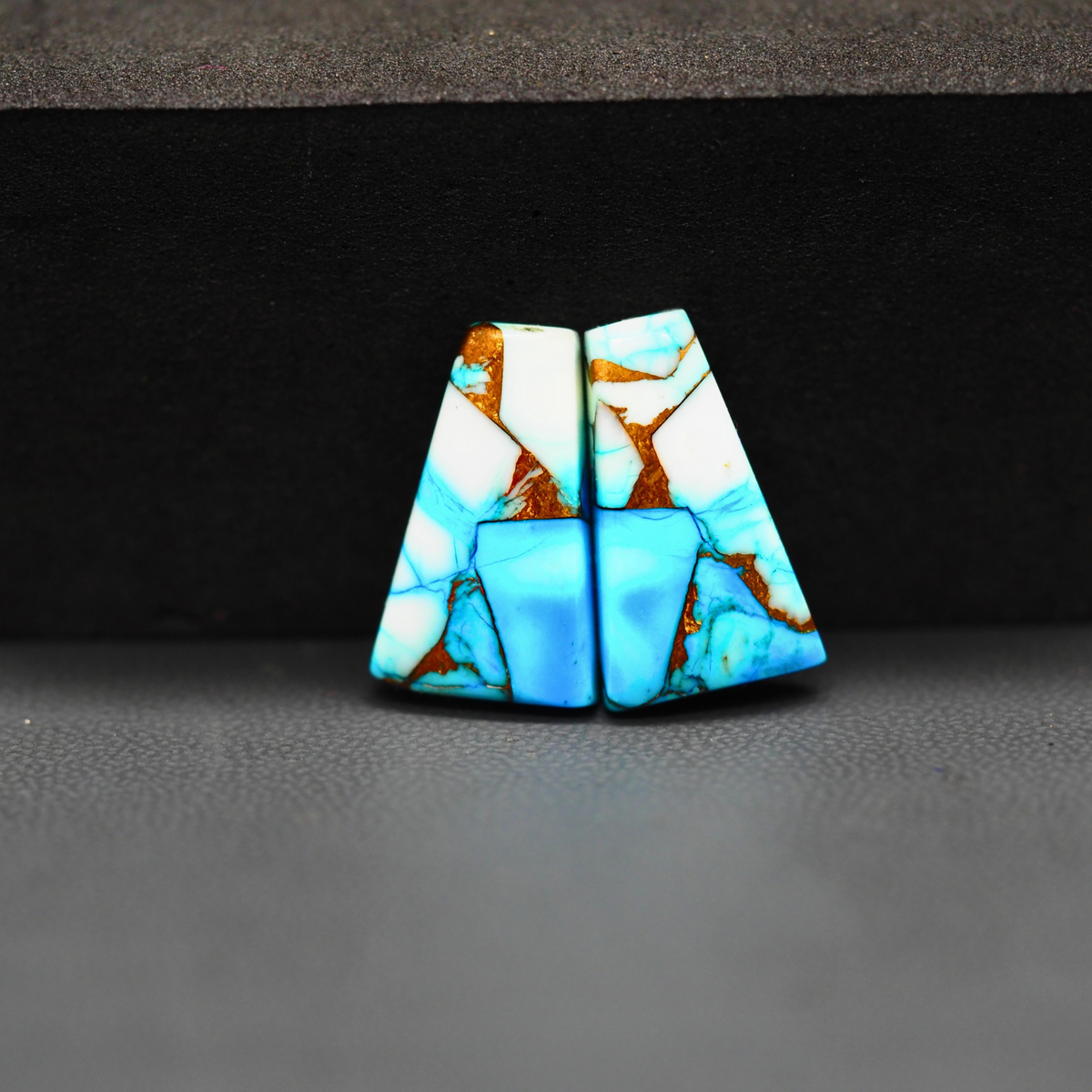Kingman Ice Blue Dahlia Trapezoid Cabochon Pair 18x11x4mm 13ct - icy blue and white stone with copper veining - Pedra Gems