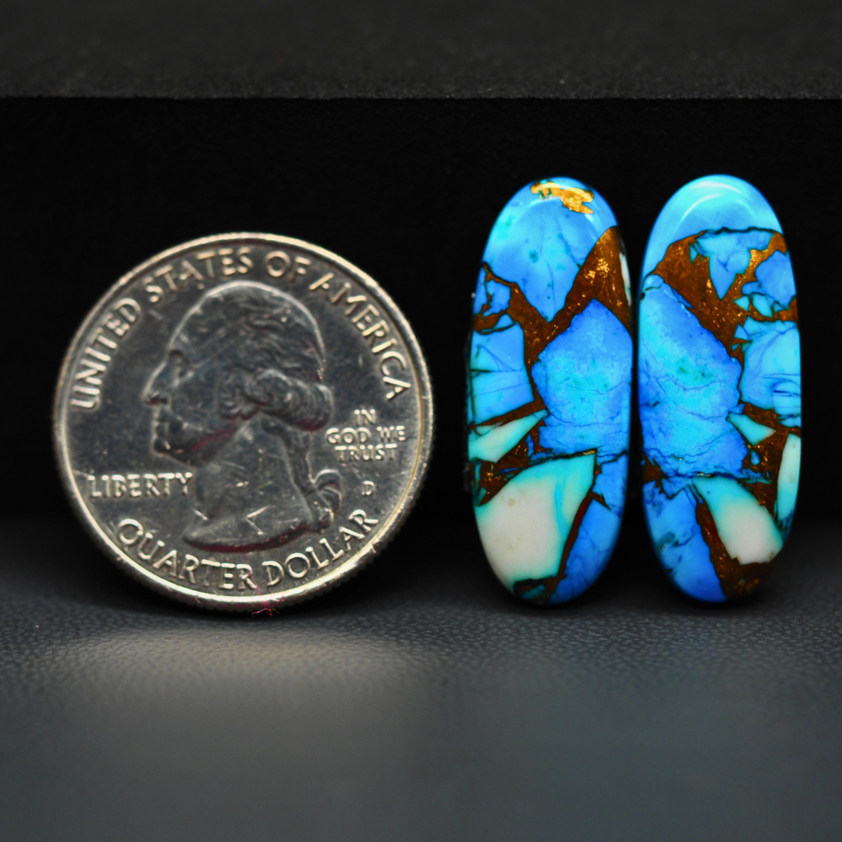 Kingman Ice Blue Dahlia Composite Oval Cabochon Pair 27x10x3mm 18.5ct - icy blue and white stone with copper veining - Pedra Gems