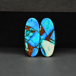 Kingman Ice Blue Dahlia Composite Oval Cabochon Pair 27x10x3mm 18.5ct - icy blue and white stone with copper veining - Pedra Gems
