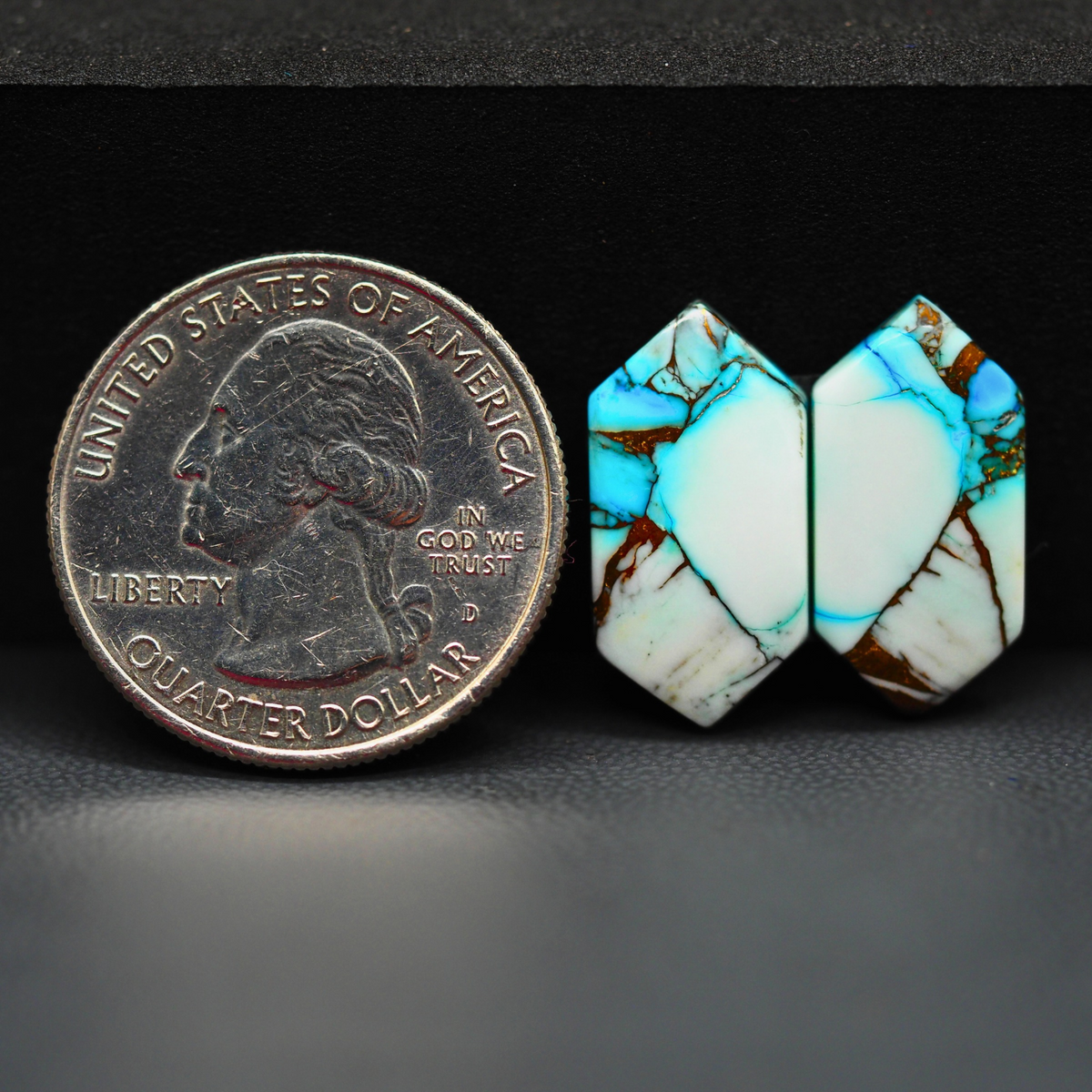 Kingman Ice Blue Dahlia Composite Hexagon Cabochon Pair 19x10x3mm 11.5ct - icy blue and white stone with copper veining - Pedra Gems