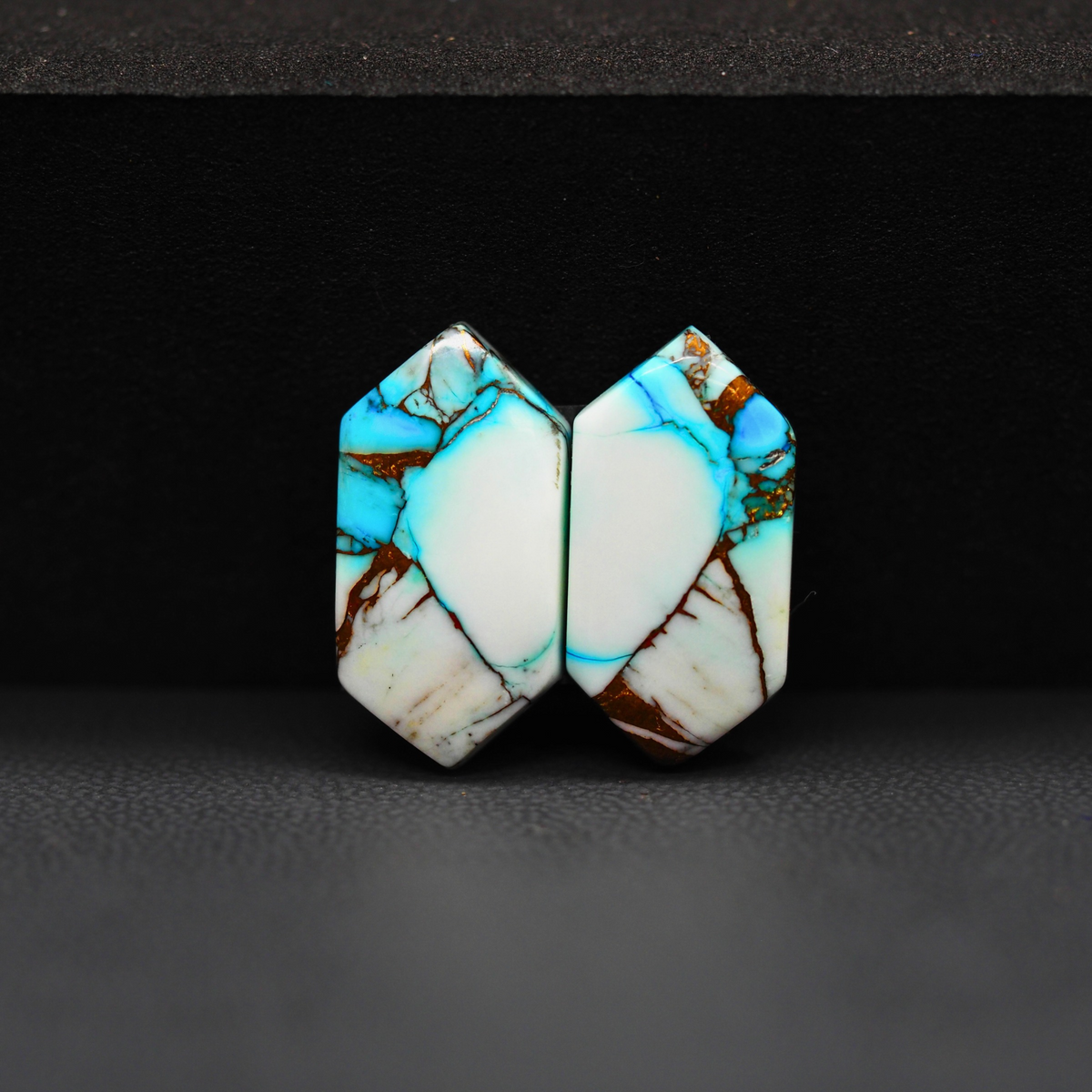 Kingman Ice Blue Dahlia Composite Hexagon Cabochon Pair 19x10x3mm 11.5ct - icy blue and white stone with copper veining - Pedra Gems