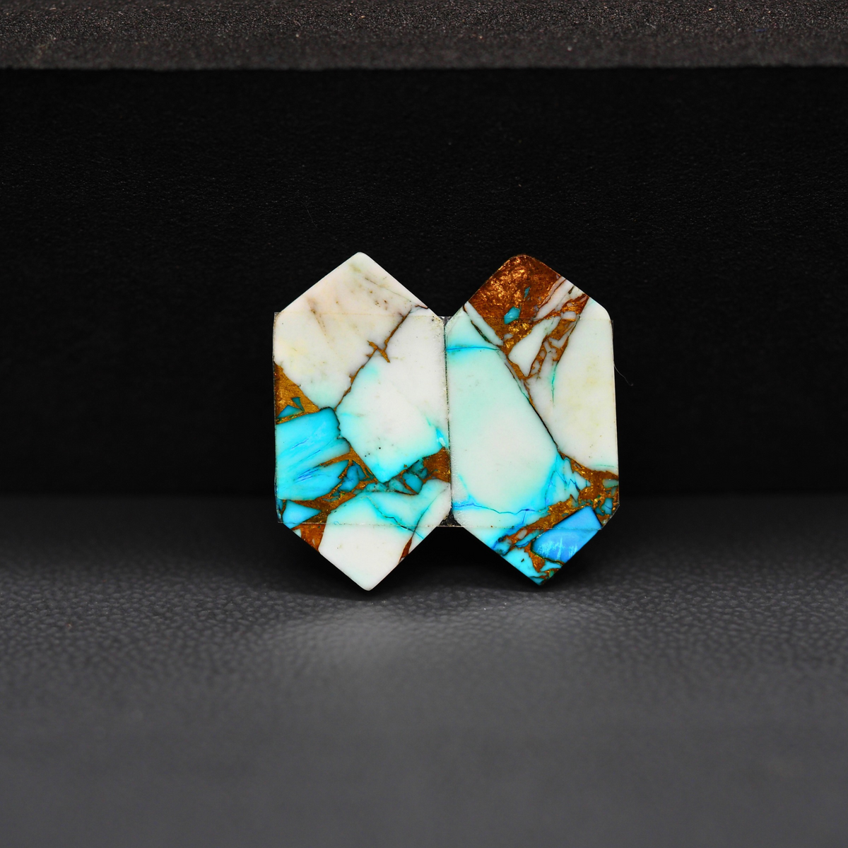 Kingman Ice Blue Dahlia Composite Hexagon Cabochon Pair 19x10x3mm 11.5ct - icy blue and white stone with copper veining - Pedra Gems