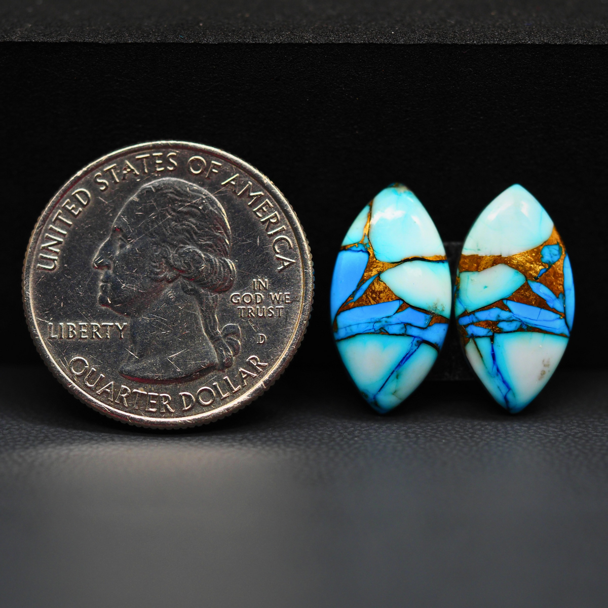 Kingman Ice Blue Dahlia Composite Marquise Cabochon Pair 19x10x3mm 11.5ct - icy blue and white stone with copper veining - Pedra Gems