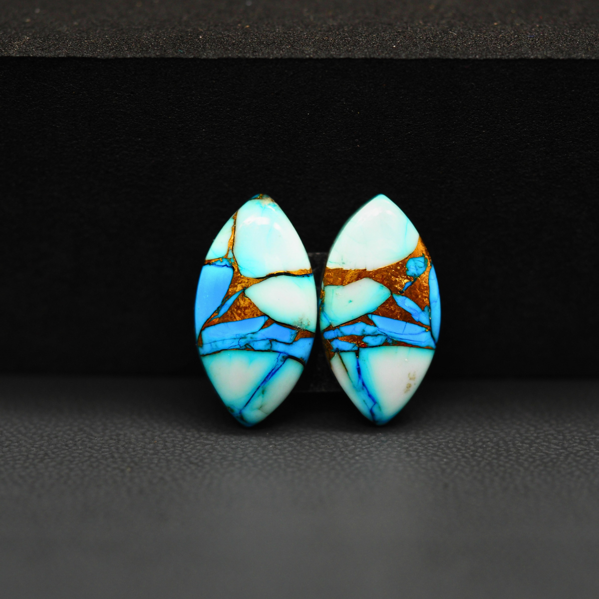 Kingman Ice Blue Dahlia Composite Marquise Cabochon Pair 19x10x3mm 11.5ct - icy blue and white stone with copper veining - Pedra Gems