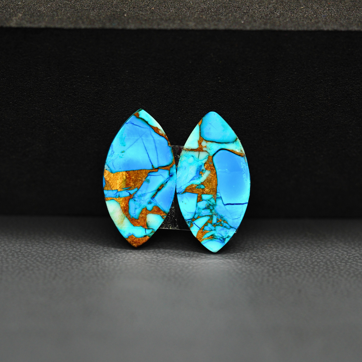 Kingman Ice Blue Dahlia Composite Marquise Cabochon Pair 19x10x3mm 11.5ct - icy blue and white stone with copper veining - Pedra Gems
