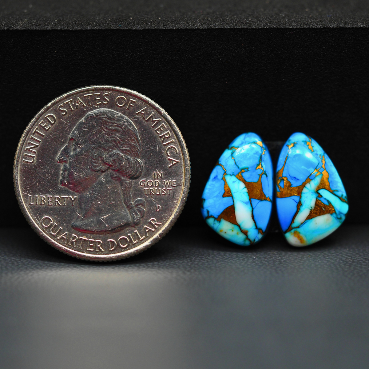 Kingman Ice Blue Dahlia Composite Freeform Cabochon Pair 16x10x3mm 10.5ct - icy blue and white stone with copper veining - Pedra Gems