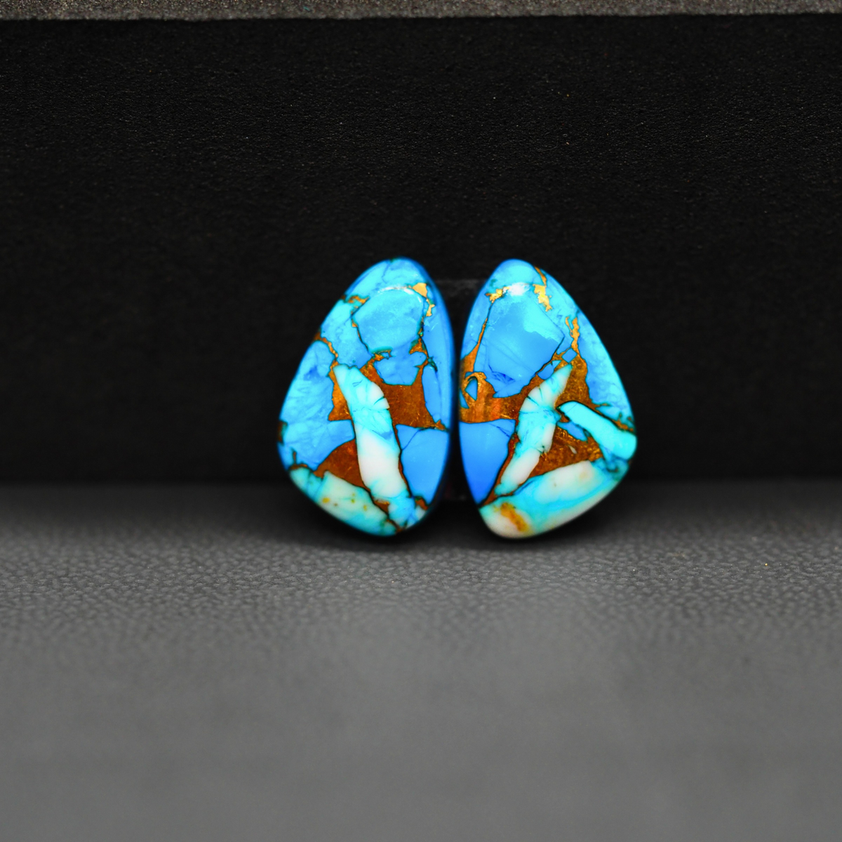 Kingman Ice Blue Dahlia Composite Freeform Cabochon Pair 16x10x3mm 10.5ct - icy blue and white stone with copper veining - Pedra Gems