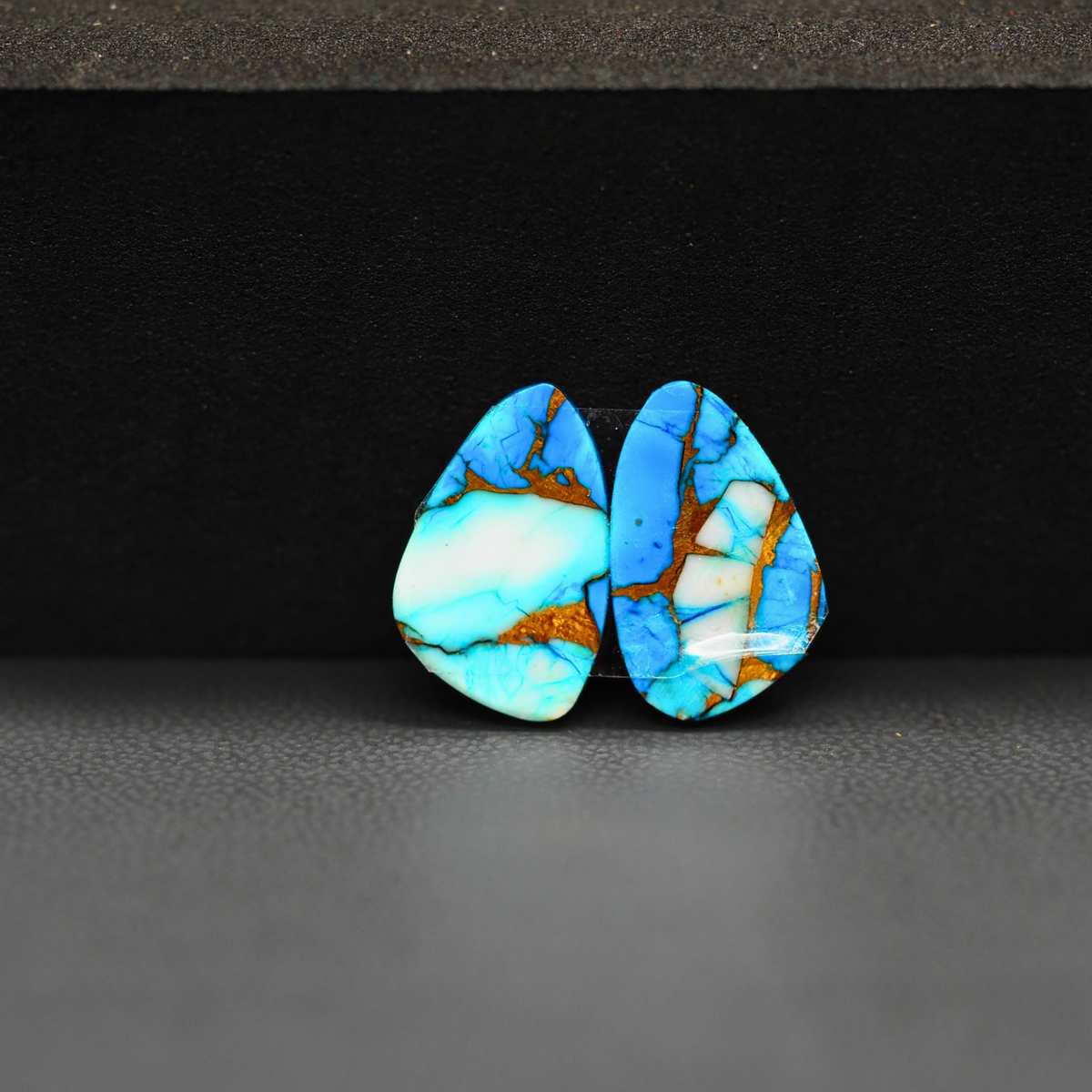 Kingman Ice Blue Dahlia Composite Freeform Cabochon Pair 16x10x3mm 10.5ct - icy blue and white stone with copper veining - Pedra Gems