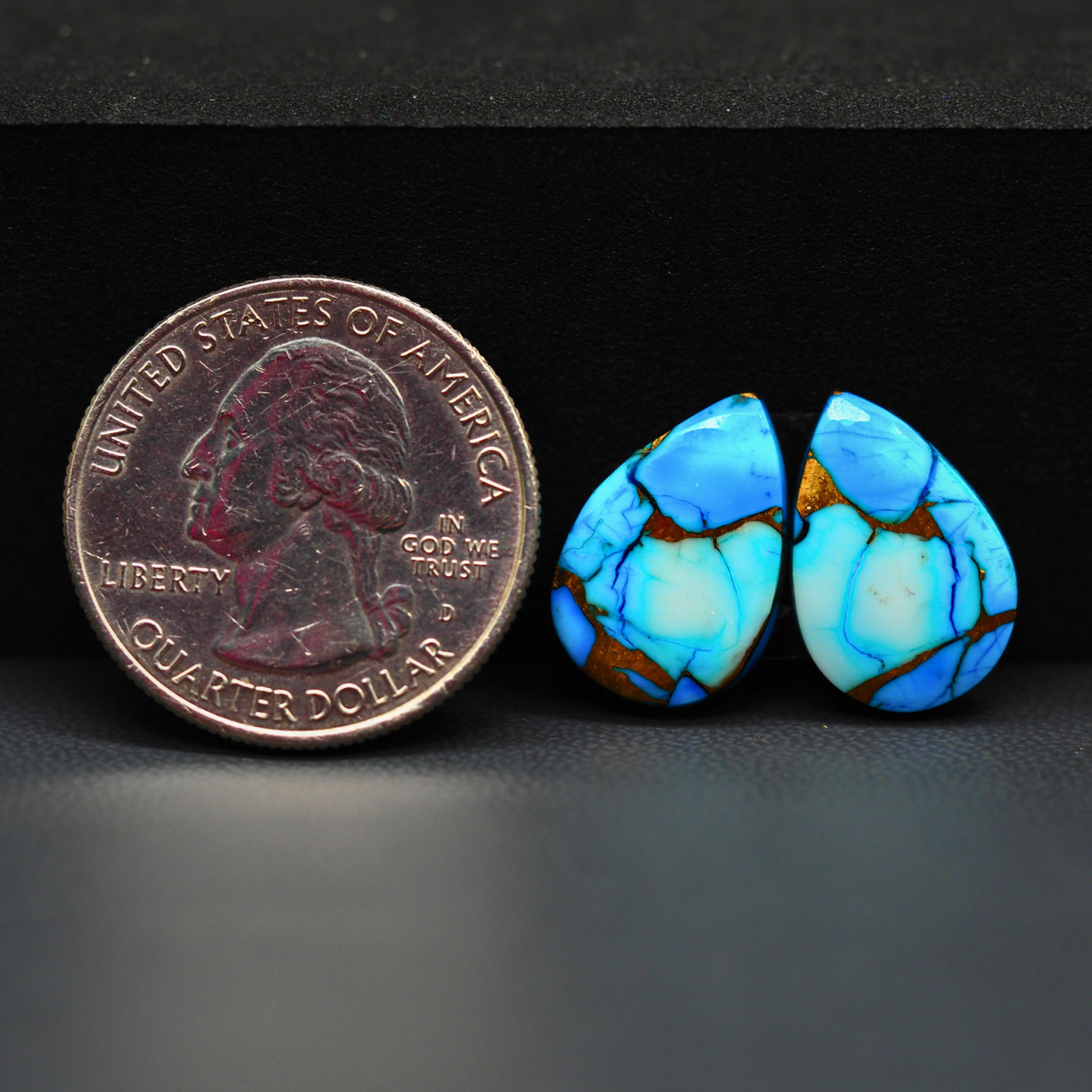 Kingman Ice Blue Dahlia Composite Pear Cabochon Pair 17x12x3mm 12.5ct - icy blue and white stone with copper veining - Pedra Gems