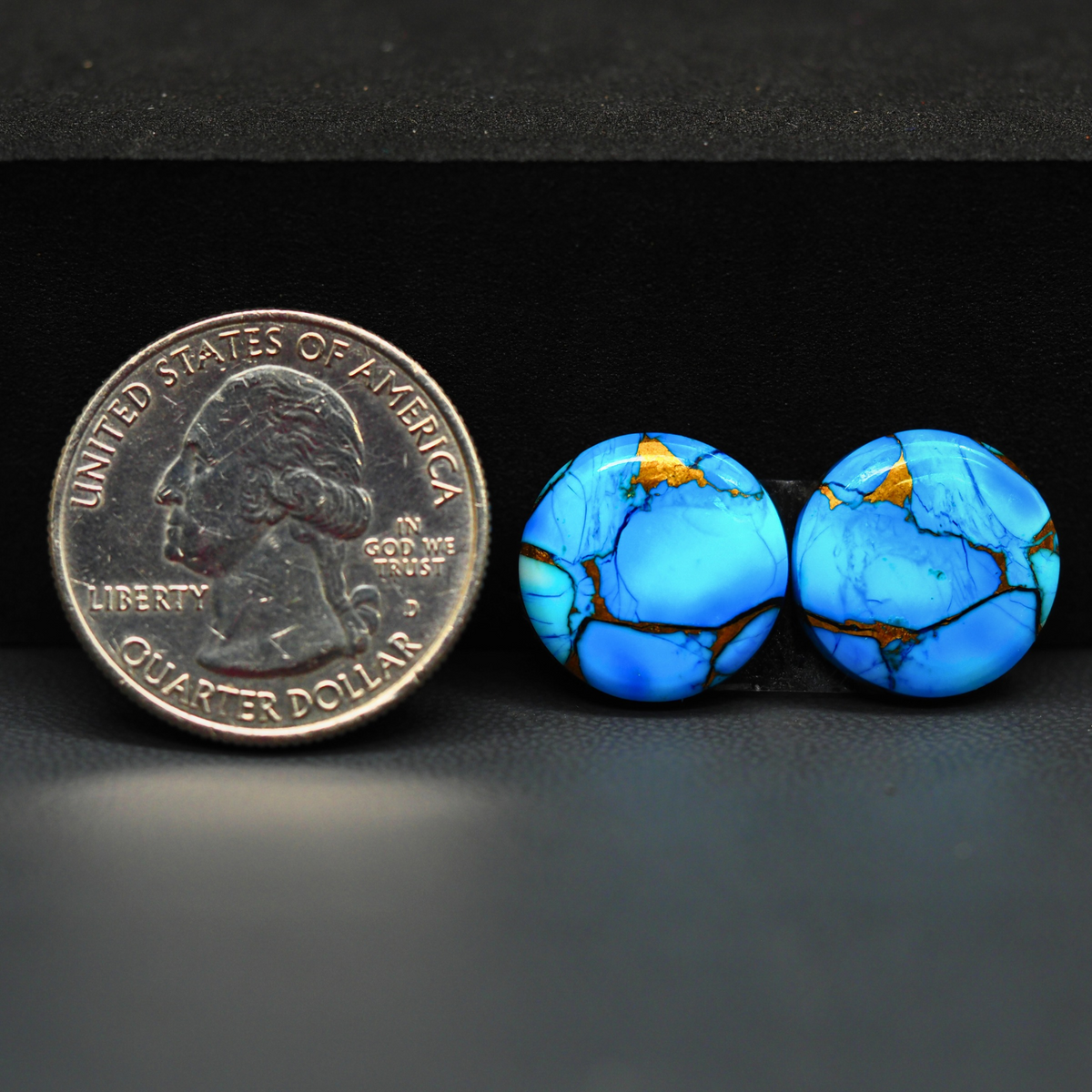 Kingman Ice Blue Dahlia Composite Round Cabochon Pair 15x15x3mm 14ct - icy blue and white stone with copper veining - Pedra Gems