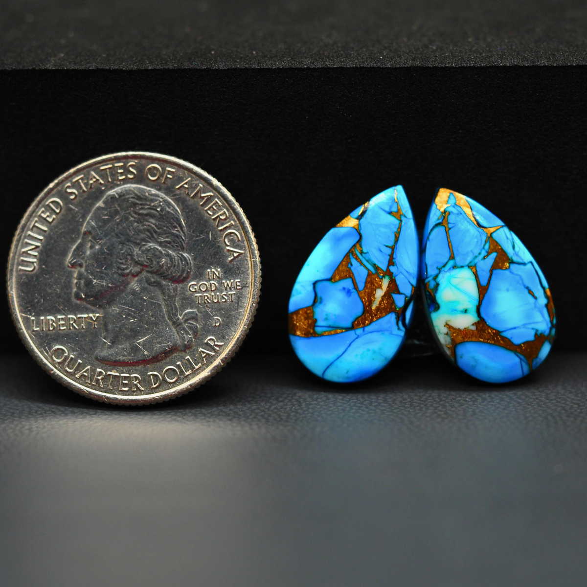 Kingman Ice Blue Dahlia Composite Pear Cabochon Pair 19x12x3mm 15ct - icy blue and white stone with copper veining - Pedra Gems