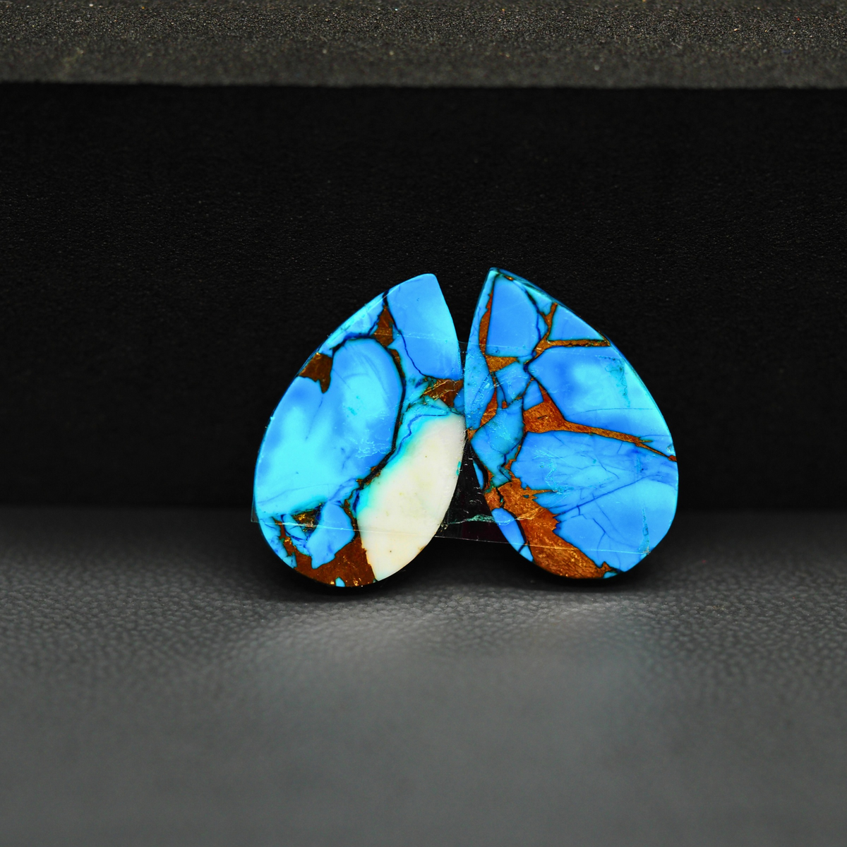 Kingman Ice Blue Dahlia Composite Pear Cabochon Pair 19x12x3mm 15ct - icy blue and white stone with copper veining - Pedra Gems