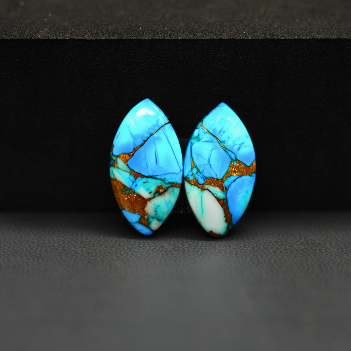 Kingman Ice Blue Dahlia Composite Marquise Cabochon Pair 21x10x3mm 14.5ct - icy blue and white stone with copper veining - Pedra Gems