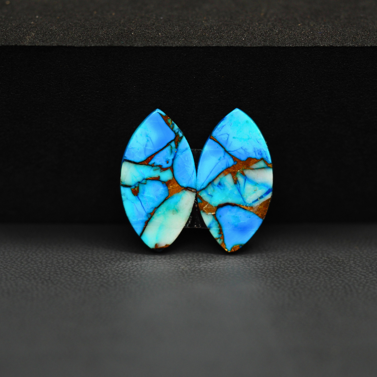 Kingman Ice Blue Dahlia Composite Marquise Cabochon Pair 21x10x3mm 14.5ct - icy blue and white stone with copper veining - Pedra Gems