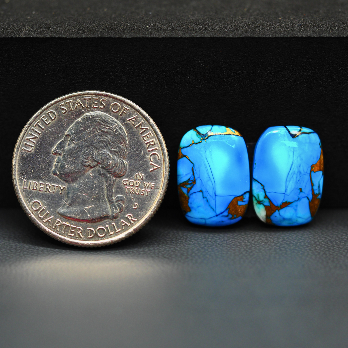 Kingman Ice Blue Dahlia Composite Cushion Cabochon Pair 16x11x4mm 12.5ct - icy blue and white stone with copper veining - Pedra Gems