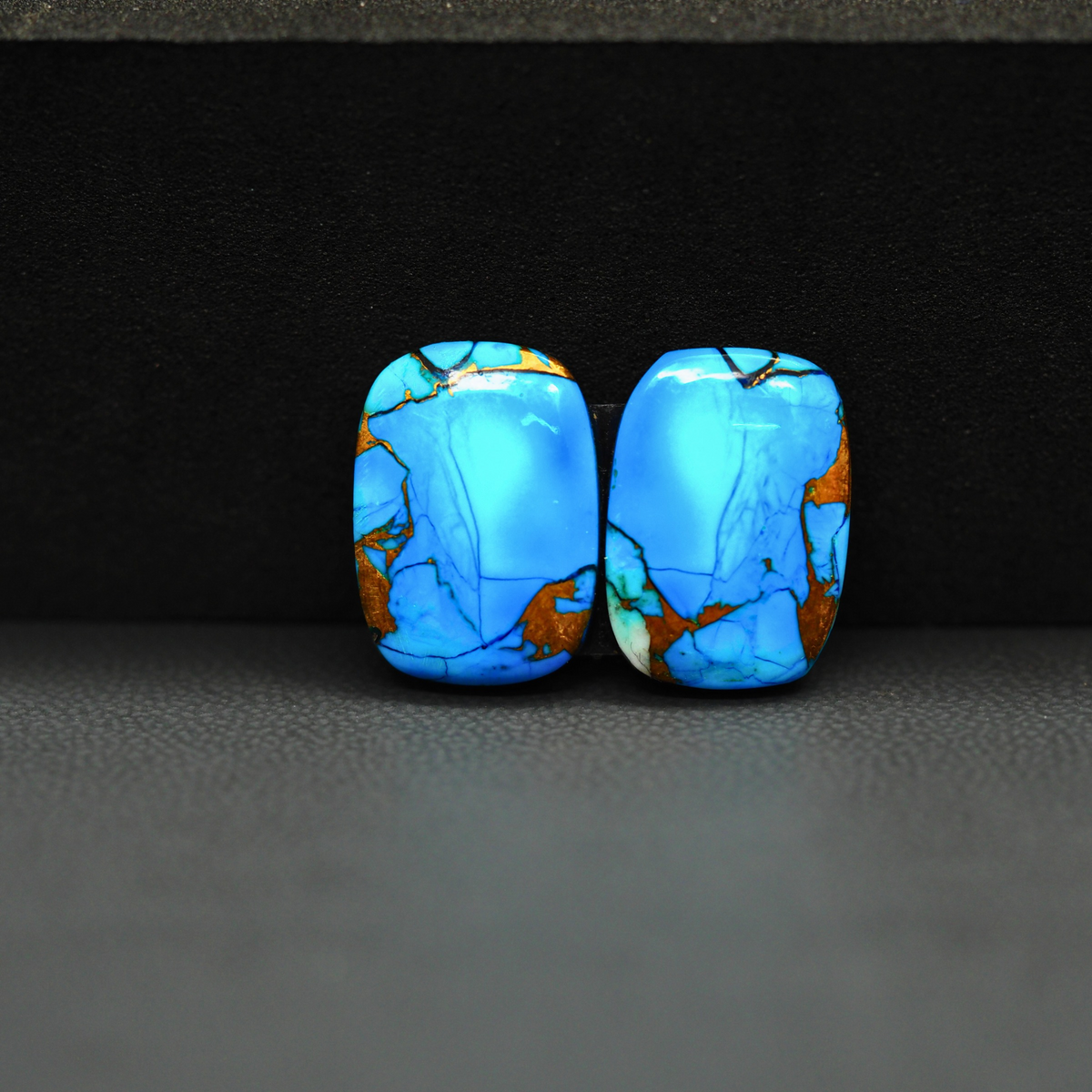 Kingman Ice Blue Dahlia Composite Cushion Cabochon Pair 16x11x4mm 12.5ct - icy blue and white stone with copper veining - Pedra Gems