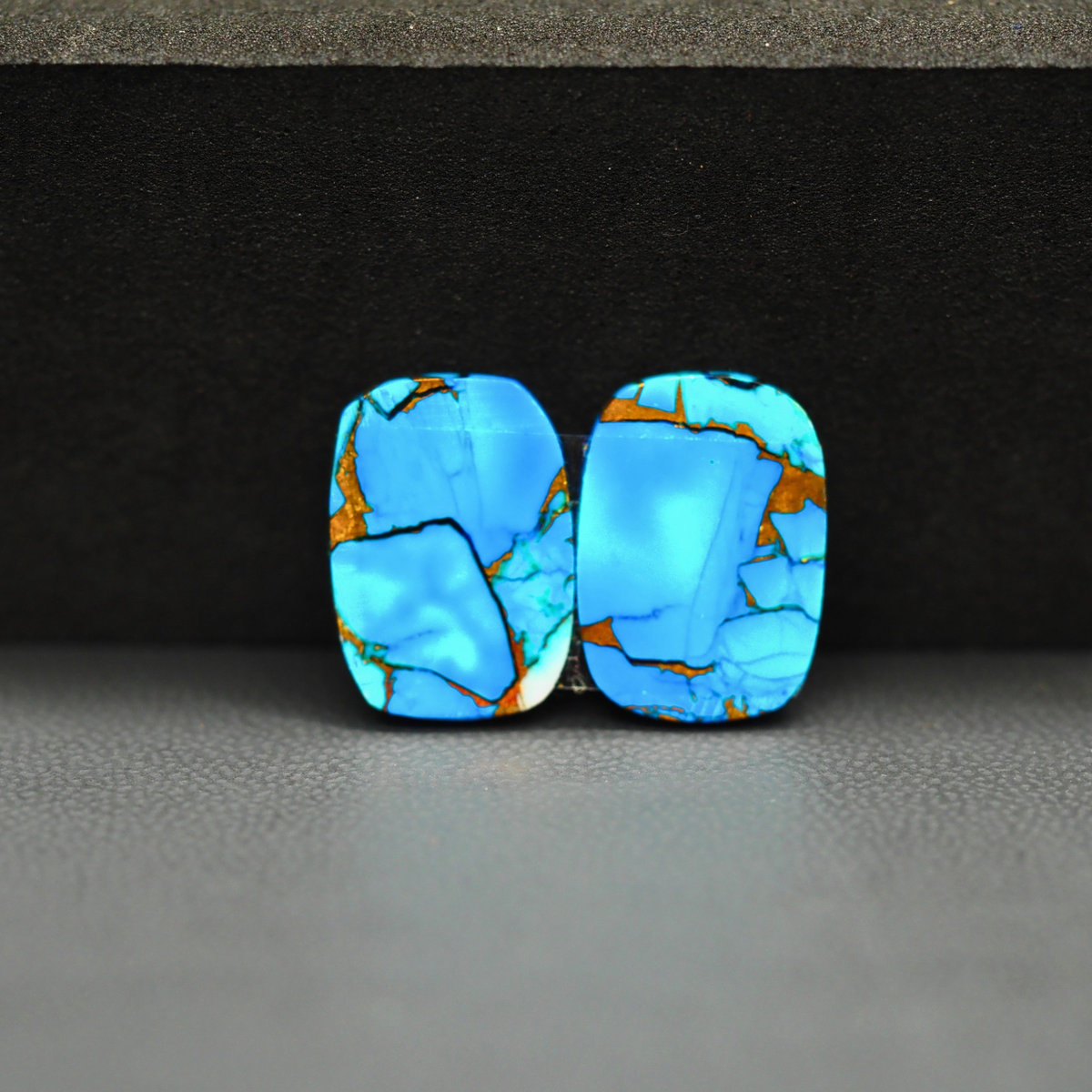 Kingman Ice Blue Dahlia Composite Cushion Cabochon Pair 16x11x4mm 12.5ct - icy blue and white stone with copper veining - Pedra Gems