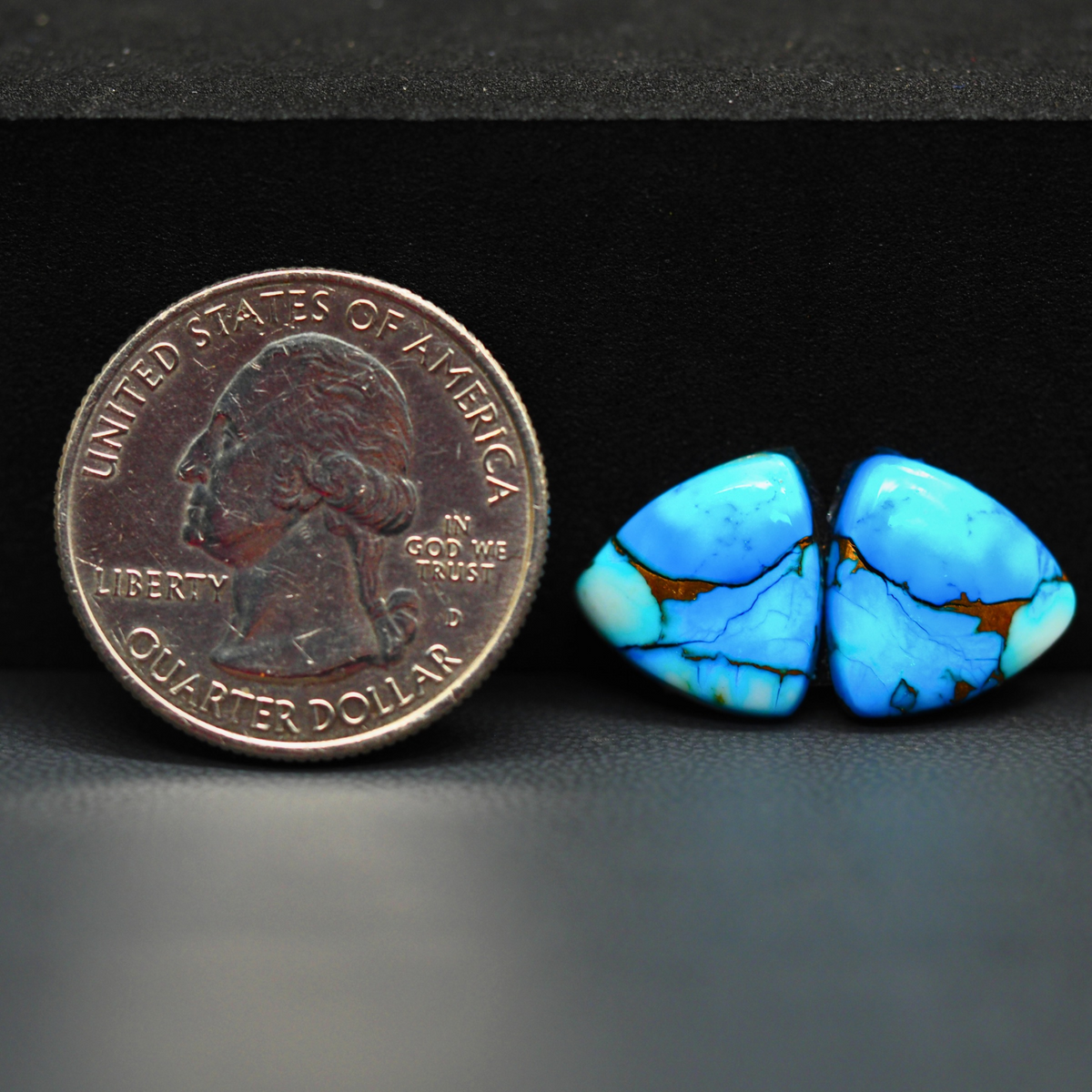 Kingman Ice Blue Dahlia Composite Trillion Cabochon Pair 13x13x3mm 8.5ct - icy blue and white stone with copper veining - Pedra Gems